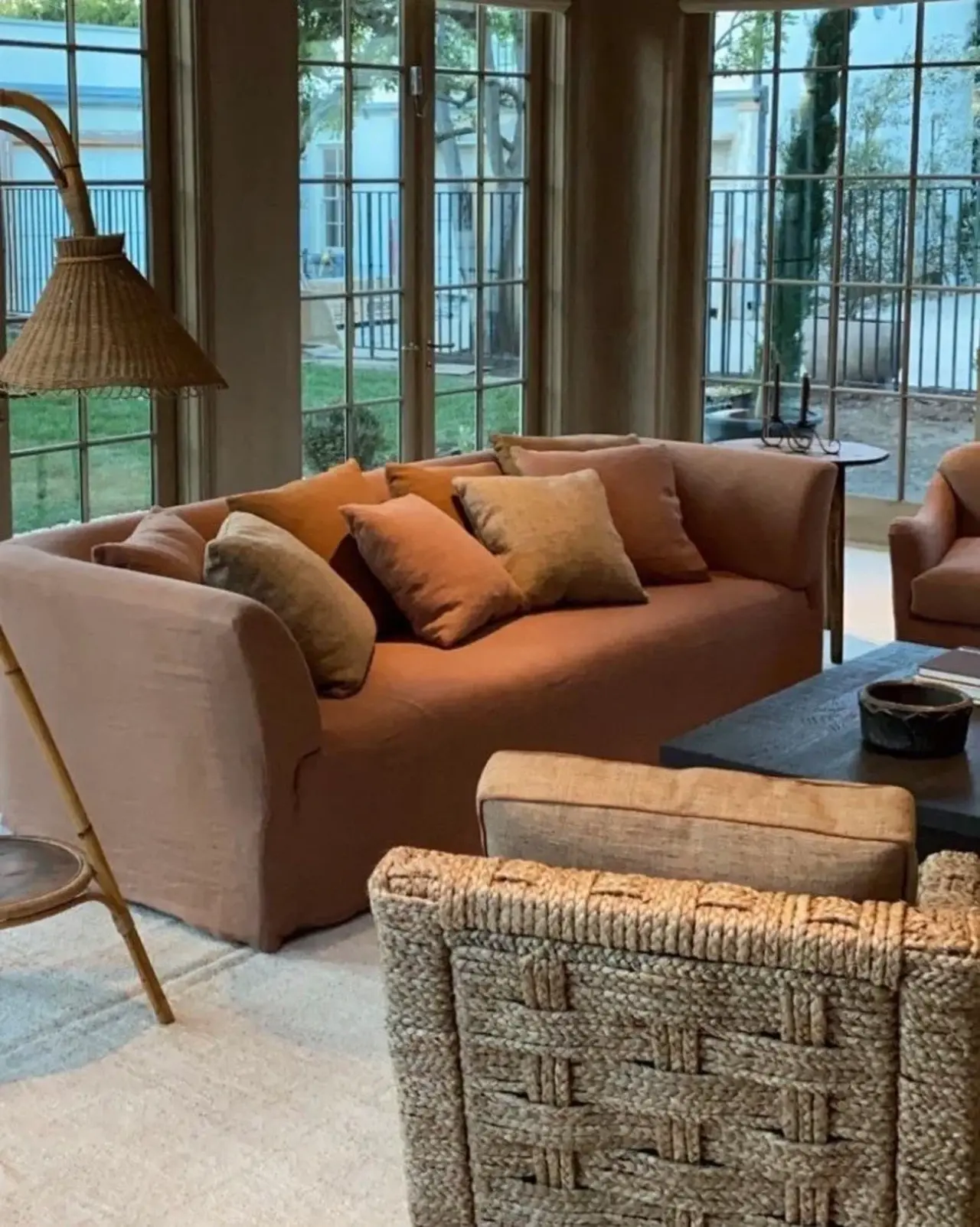 Close detail of layered fabrics and timber